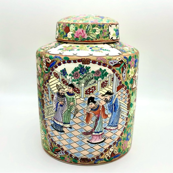 Huge Porcelain Canister Famille Rose Asian Figural Gold Gilt Floral Tea Caddy - Picture 15 of 15